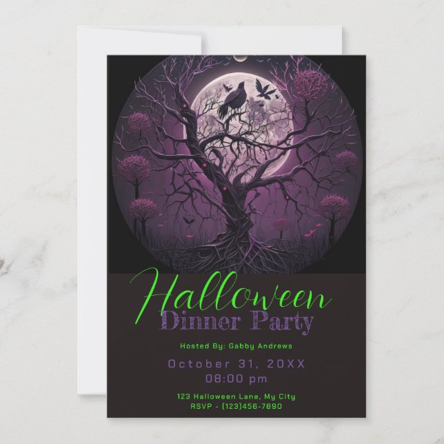Purple Sky Full Moon Bird Halloween Dinner Party Invitation (Front)