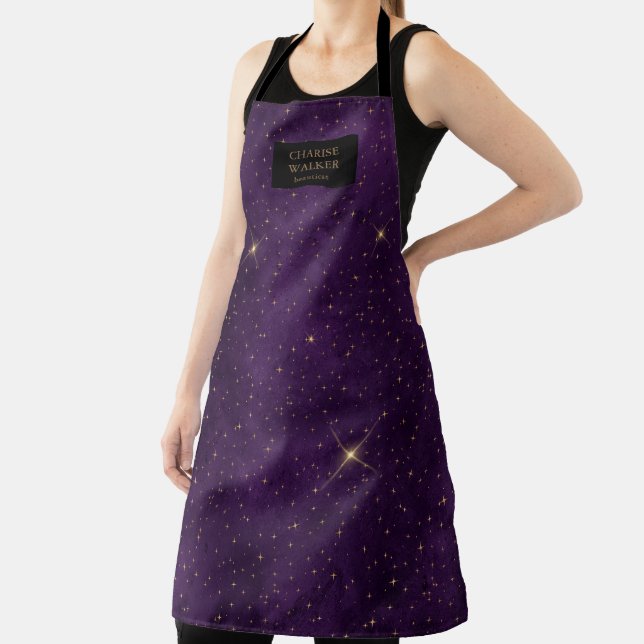 purple sky gold stars beautician salon monogram apron (Insitu)