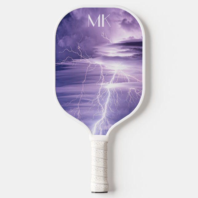 Purple Sky Lightning Strikes Monogrammed Pickleball Paddle (Front)