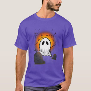 Purple Sky Orange Moon Ghost in graveyard T-Shirt