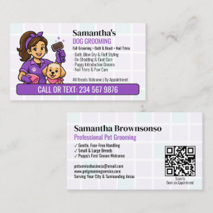 Purple Slicker Brush Puppy Groomer Girl QR Groomin Business Card
