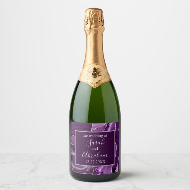 Purple Sliver Agate Wedding Sparkling Wine Wine Bo Sparkling Wine Label (Front)