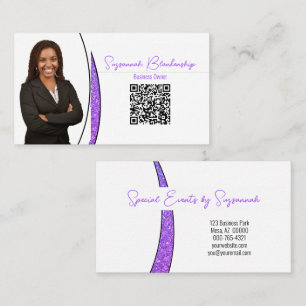 Purple Sliver Faux Glitter Photo QR Professional Business Card