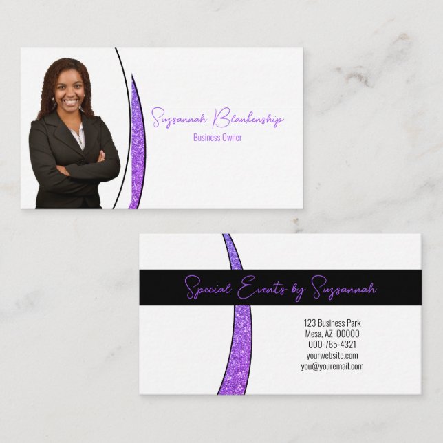 Purple Sliver Faux Glitter Professional Photo Business Card (Front/Back)