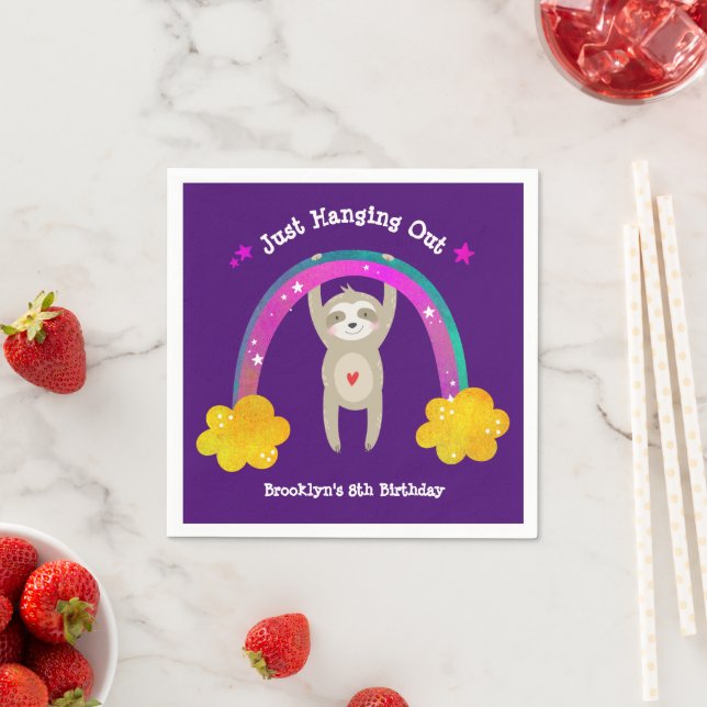 Purple Sloth Boho Rainbow Birthday Cute Kawaii Fun Napkin (Insitu)