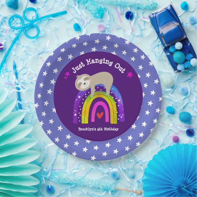  Purple Sloth Boho Rainbow Birthday Cute Paper Paper Plate (Party)