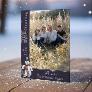 Purple Smiling Snowman Photo Holiday Card