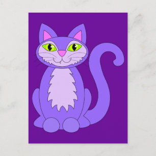 Purple Snaggletooth Kitty Cat Green Eyes Cartoon Postcard
