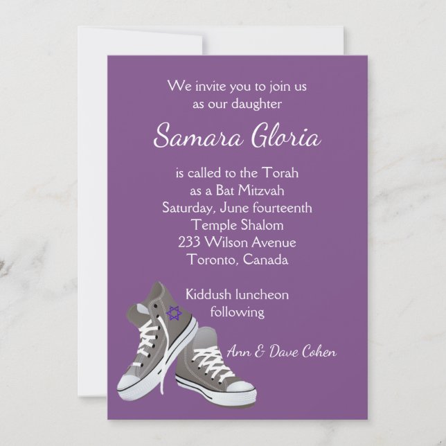 Purple Sneakers Bat Mitzvah Invitation (Front)