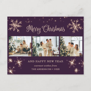 Purple Snowflake 3 Photo Collage Holiday Postcard