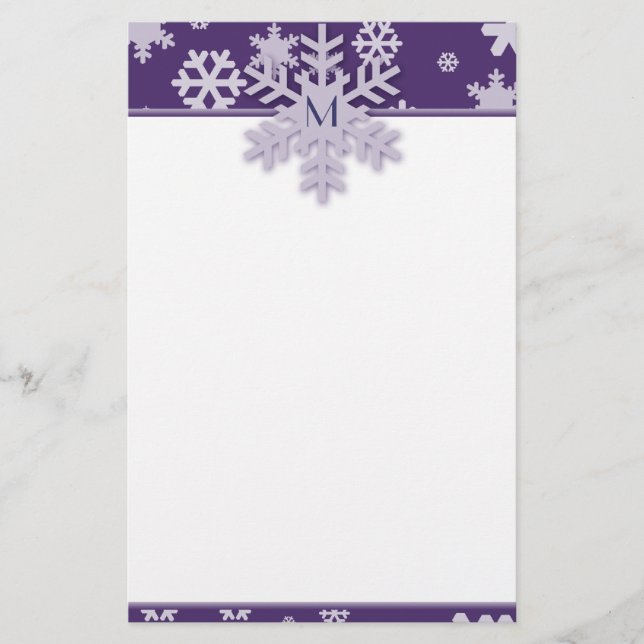 Purple Snowflake Border with Monogrammed Snowflake Stationery (Front)