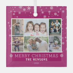 Purple Snowflake Christmas Family 6 Photo Collage Glass Tree Decoration