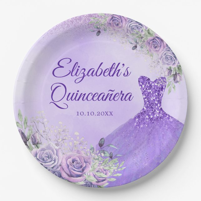 Purple Snowflake Christmas Princess Quinceañera Paper Plate (Front)