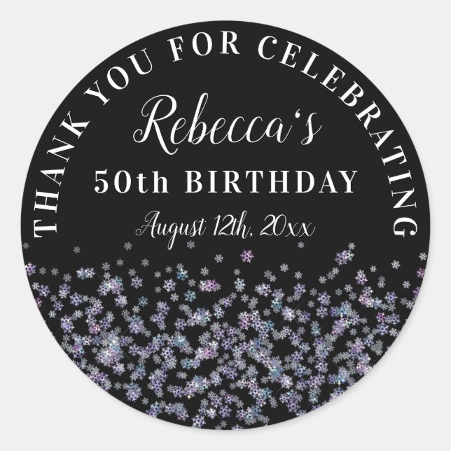 Purple Snowflake Glitter 50th Birthday Thank You Classic Round Sticker (Front)