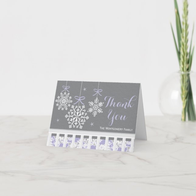 Purple Snowflake Mobile Baby Shower Thank You Card (Front)