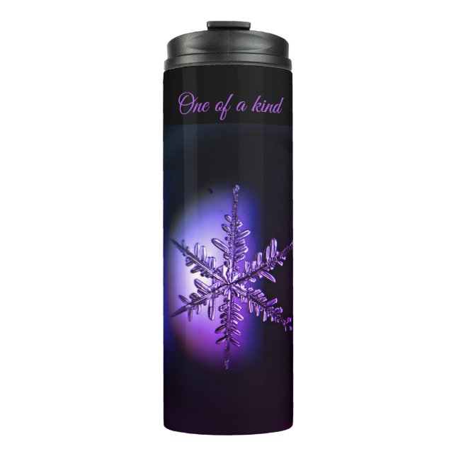Purple snowflake on black thermal tumbler (Front)