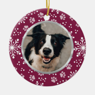 Purple Snowflake Paw Pattern Pet Photo Ceramic Tree Decoration