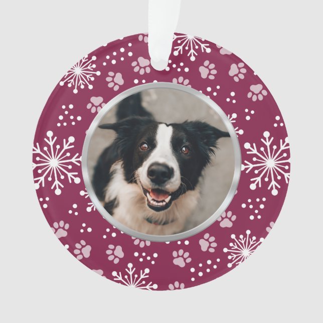 Purple Snowflake Paw Pattern Pet Photo Ornament (Front)