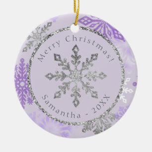 Purple Snowflake Personalised Name Date Ceramic Tree Decoration