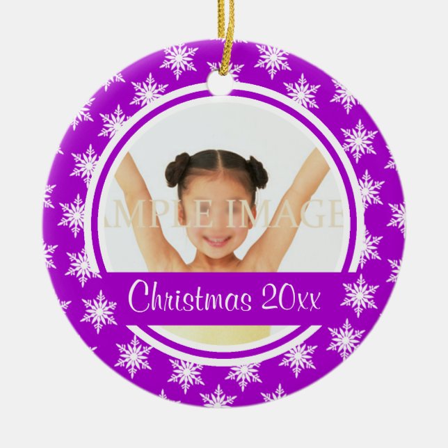 Purple snowflake photo personalise ceramic tree decoration (Front)