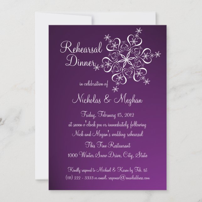 Purple Snowflake Rehearsal Dinner Invitation (Front)