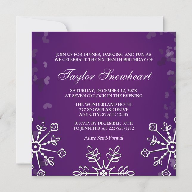 PURPLE SNOWFLAKE SWEET SIXTEEN BIRTHDAY INVITATION (Front)
