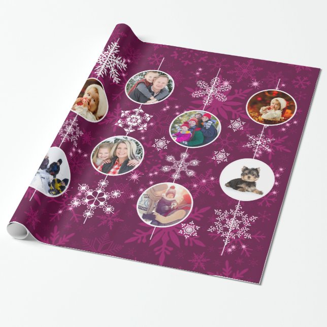 Purple Snowflake Ten Favorite Family Photos Wrapping Paper (Unrolled)