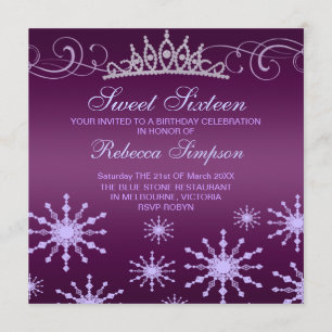 Purple Snowflake & Tiara Design Birthday Invite