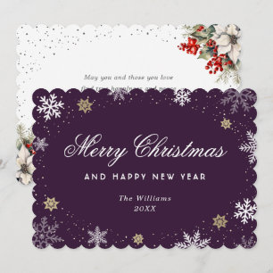 Purple Snowflake Watercolor Botanical  Holiday Card