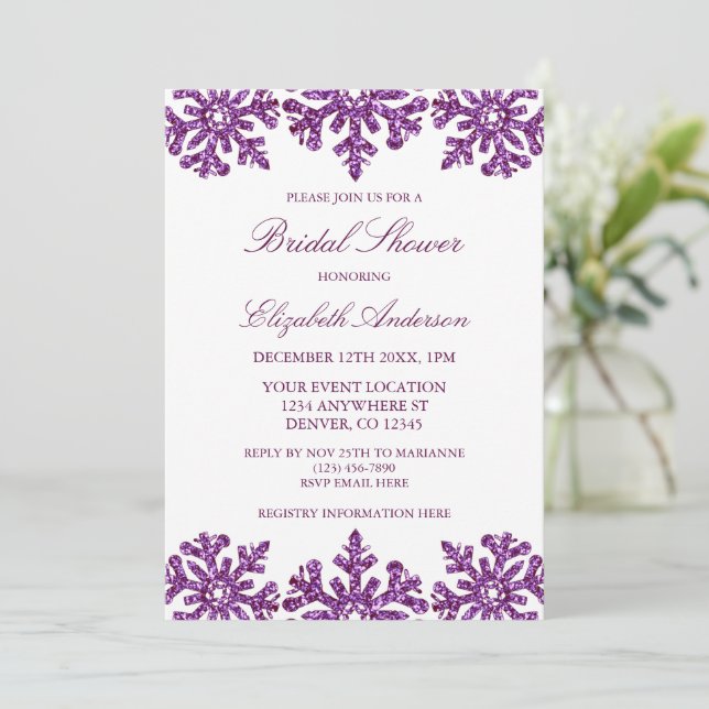 Purple Snowflake Winter Bridal Shower Invitation (Standing Front)
