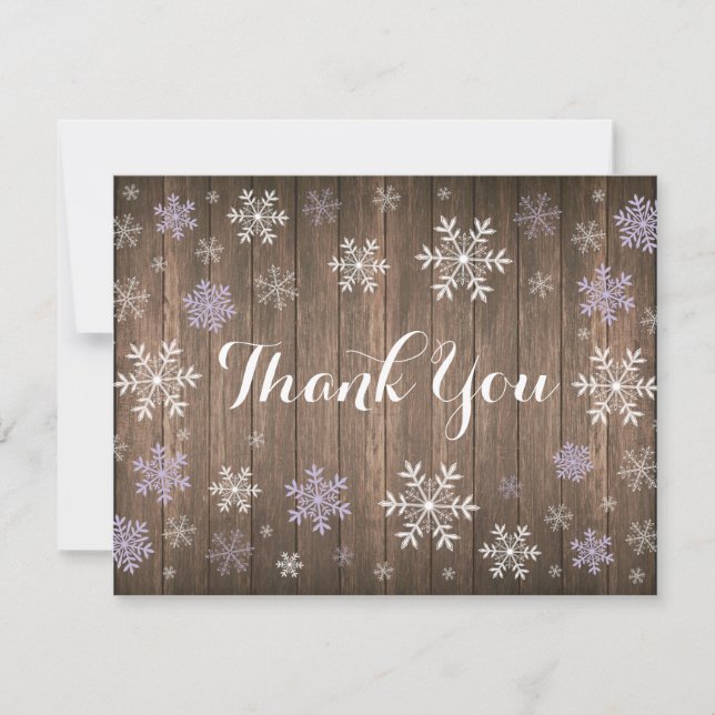 Purple Snowflake Winter Rustic Wood Thank You Card (Front)