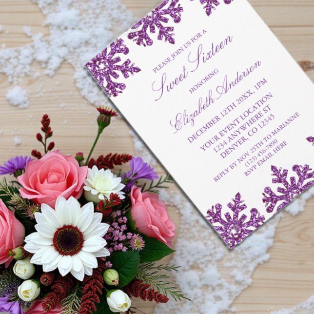 Purple Snowflake Winter Sweet 16 Invitation (Creator Uploaded)