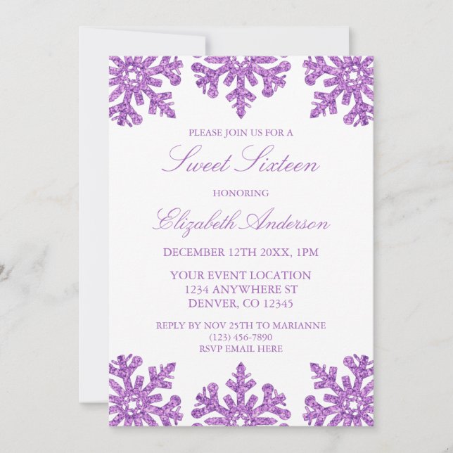 Purple Snowflake Winter Sweet 16 Invitation (Front)