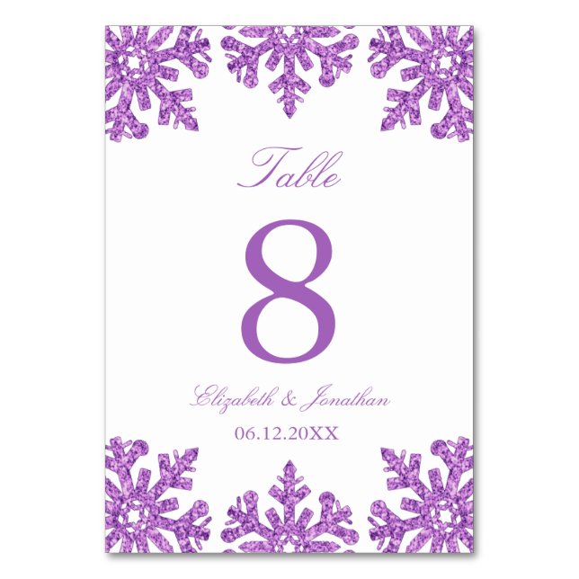 Purple Snowflake Winter Wedding Table Number (Front)