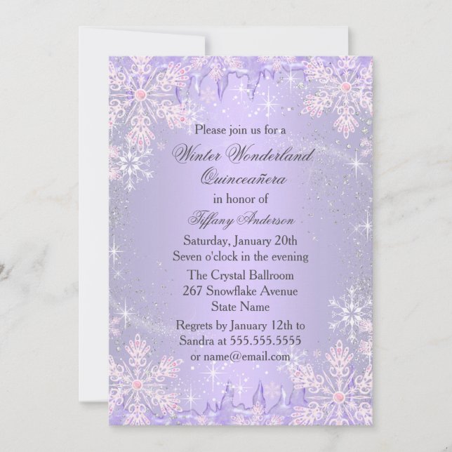 Purple Snowflake Winter Wonderland Quinceanera Invitation (Front)