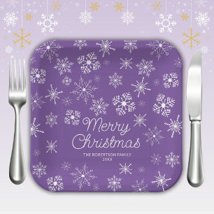 Purple Snowflakes Christmas Party Paper Plate