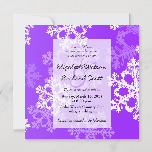 Purple Snowflakes Christmas wedding invitation (Front)