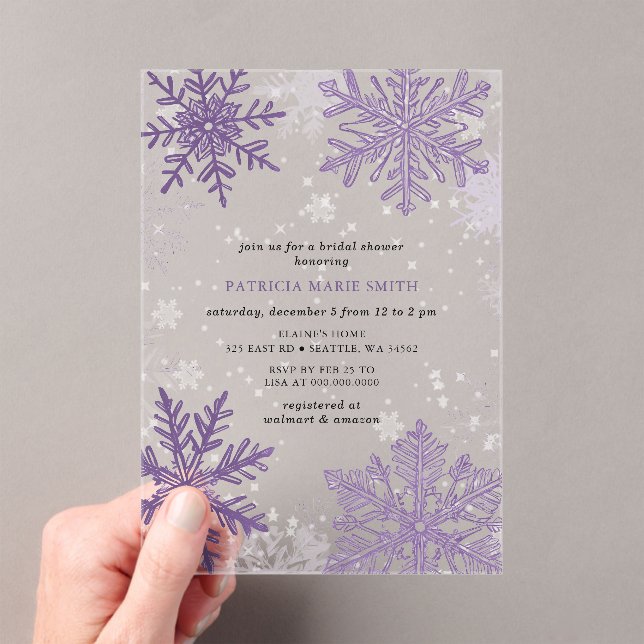 Purple Snowflakes Christmas Winter Bridal Shower Acrylic Invitations (Insitu (Handheld))