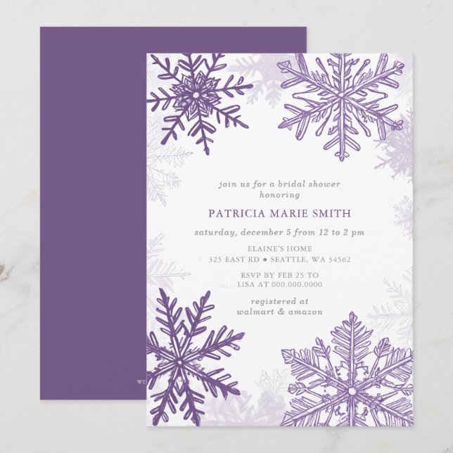 Purple Snowflakes Christmas Winter Bridal Shower Invitation (Front/Back)