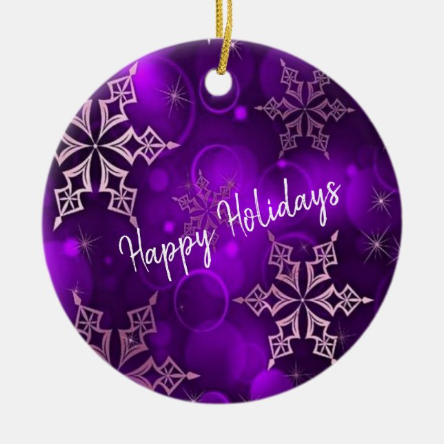Purple Snowflakes Happy Holidays Ceramic Ornament (Front)