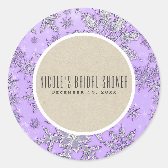 Purple Snowflakes Winter Wonderland Rustic Favour Classic Round Sticker (Front)