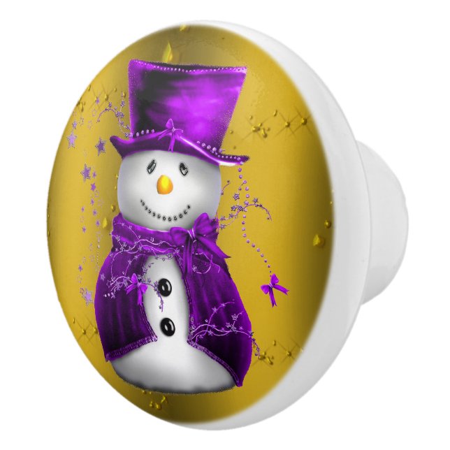 Purple Snowman on Gold Christmas Ceramic Knob (Right)