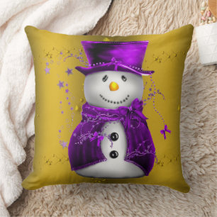 Purple Snowman on Gold Christmas Cushion