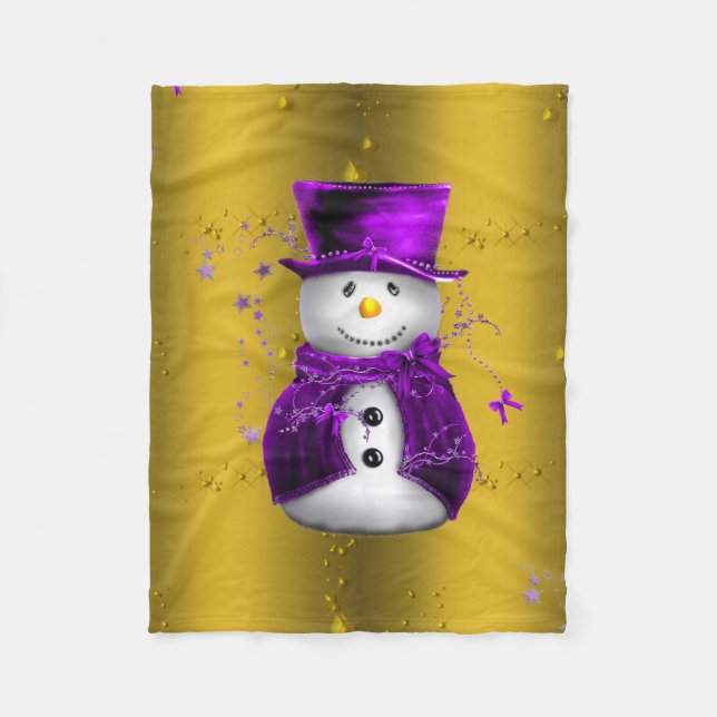 Purple Snowman on Gold Christmas Fleece Blanket (Front)