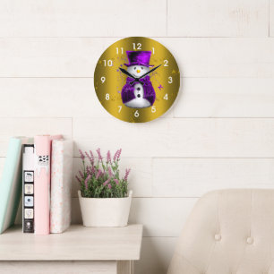 Purple Snowman on Gold Christmas Large Clock