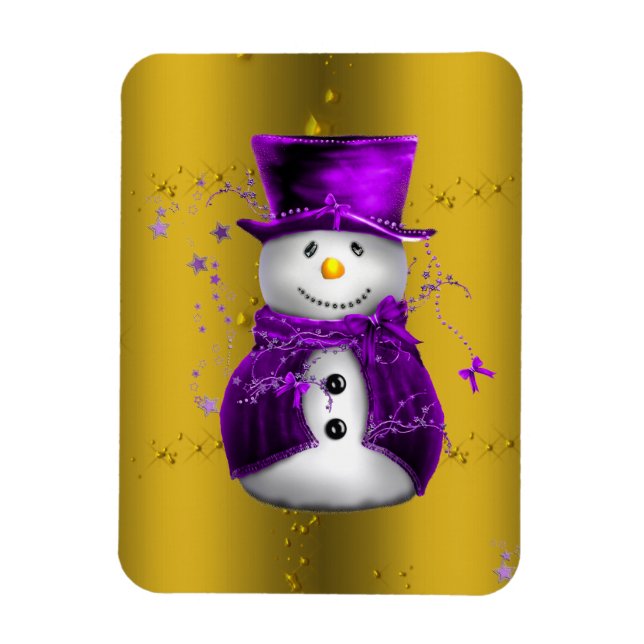 Purple Snowman on Gold Christmas Magnet (Vertical)
