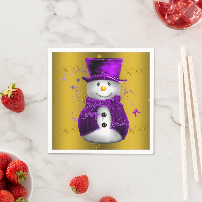 Purple Snowman on Gold Christmas Napkin (Insitu)