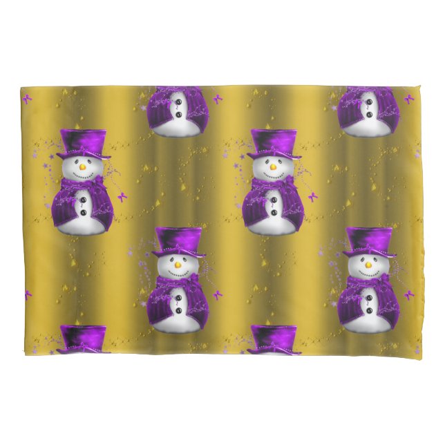 Purple Snowman on Gold Christmas Pillowcase (Front)