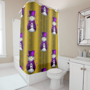 Purple Snowman on Gold Christmas Shower Curtain