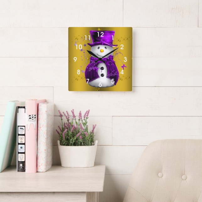 Purple Snowman on Gold Christmas Square Wall Clock (Reading Room)